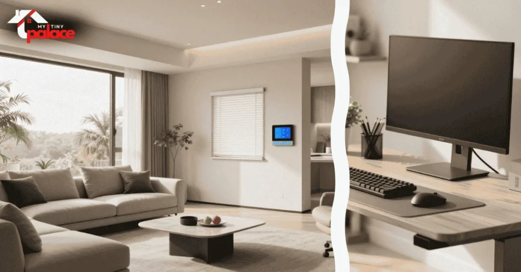 A living room featuring smart home ergonomics with a sleek wall-mounted tablet in the background and a close-up of a high-end brushed aluminum adjustable bracket in the foreground.