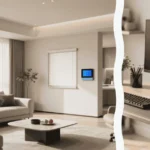 A living room featuring smart home ergonomics with a sleek wall-mounted tablet in the background and a close-up of a high-end brushed aluminum adjustable bracket in the foreground.