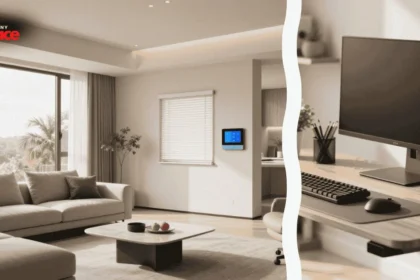 A living room featuring smart home ergonomics with a sleek wall-mounted tablet in the background and a close-up of a high-end brushed aluminum adjustable bracket in the foreground.