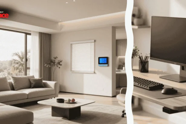 A living room featuring smart home ergonomics with a sleek wall-mounted tablet in the background and a close-up of a high-end brushed aluminum adjustable bracket in the foreground.