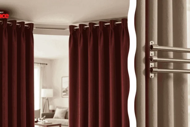 A pair of sturdy tension rods for heavy curtains installed in a large window frame with a renovated living room in the background and a close-up of the non-slip rubber end cap in the foreground.