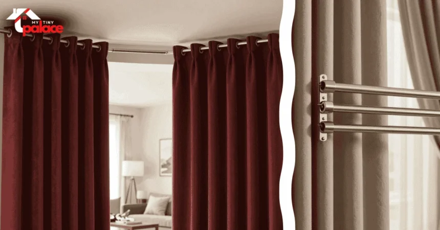 A pair of sturdy tension rods for heavy curtains installed in a large window frame with a renovated living room in the background and a close-up of the non-slip rubber end cap in the foreground.
