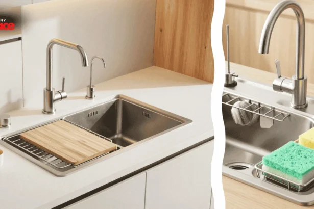 An overhead view of a workstation sink organization setup showing a finished kitchen renovation with a close-up of a brushed metal colander and integrated walnut drying rack in the foreground.