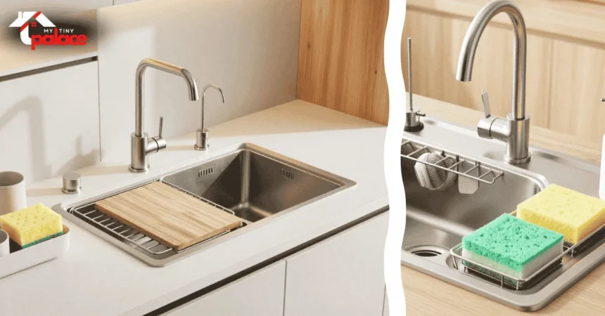 An overhead view of a workstation sink organization setup showing a finished kitchen renovation with a close-up of a brushed metal colander and integrated walnut drying rack in the foreground.