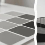 A designer living room showcasing the 60-30-10 rule for monochrome with a soft gray sofa and charcoal walls in the background and a close up of a high quality textured linen swatch in the foreground.
