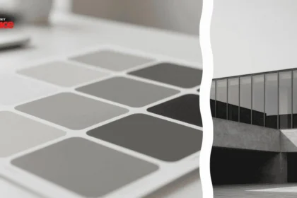 A designer living room showcasing the 60-30-10 rule for monochrome with a soft gray sofa and charcoal walls in the background and a close up of a high quality textured linen swatch in the foreground.