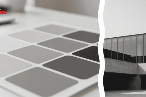 A designer living room showcasing the 60-30-10 rule for monochrome with a soft gray sofa and charcoal walls in the background and a close up of a high quality textured linen swatch in the foreground.
