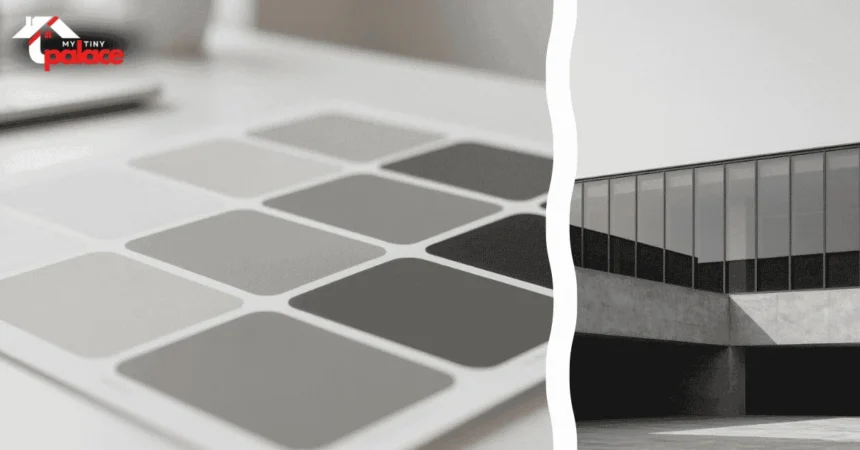 A designer living room showcasing the 60-30-10 rule for monochrome with a soft gray sofa and charcoal walls in the background and a close up of a high quality textured linen swatch in the foreground.