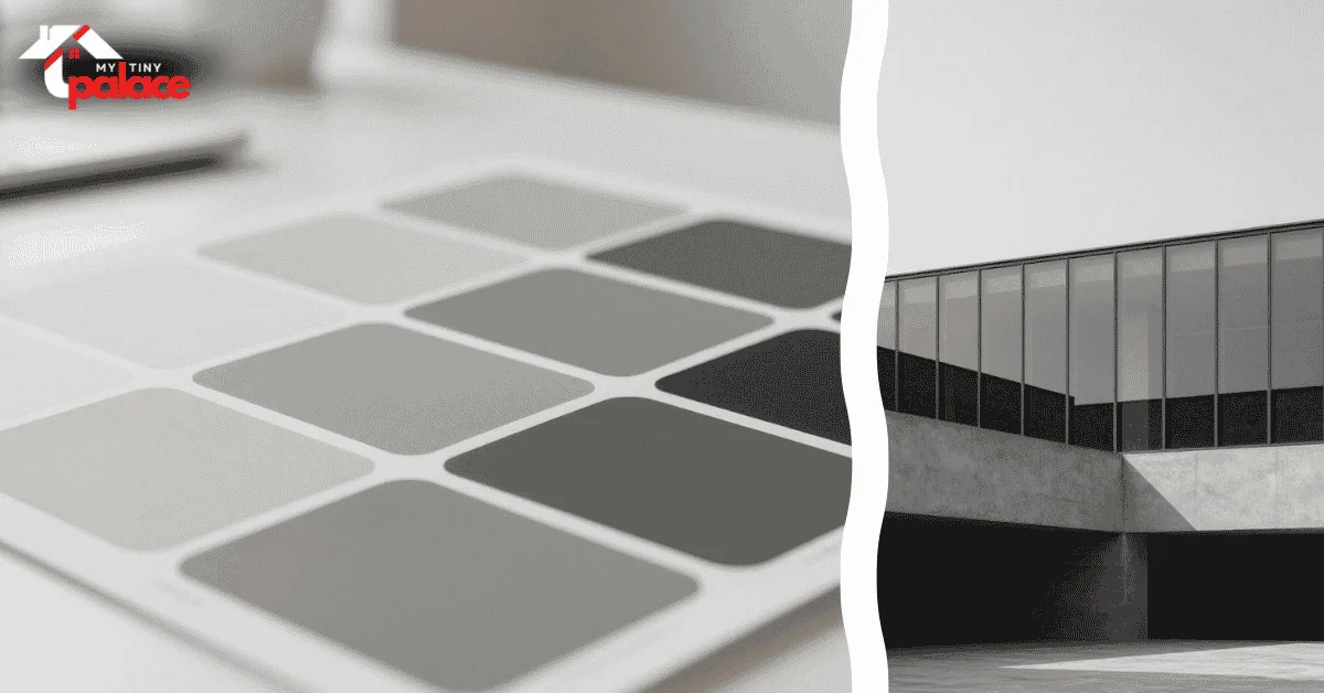 A designer living room showcasing the 60-30-10 rule for monochrome with a soft gray sofa and charcoal walls in the background and a close up of a high quality textured linen swatch in the foreground.