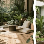 A lush subterranean office space featuring biophilic design for windowless rooms with a vibrant living wall in the background and a close-up of a high-CRI full spectrum light fixture in the foreground.
