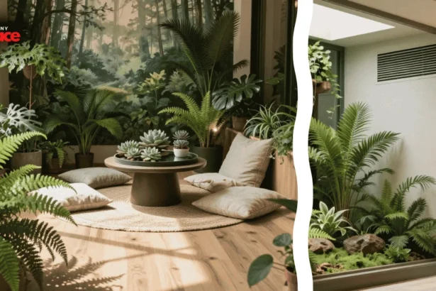 A lush subterranean office space featuring biophilic design for windowless rooms with a vibrant living wall in the background and a close-up of a high-CRI full spectrum light fixture in the foreground.