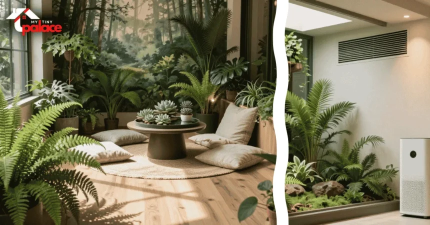 A lush subterranean office space featuring biophilic design for windowless rooms with a vibrant living wall in the background and a close-up of a high-CRI full spectrum light fixture in the foreground.