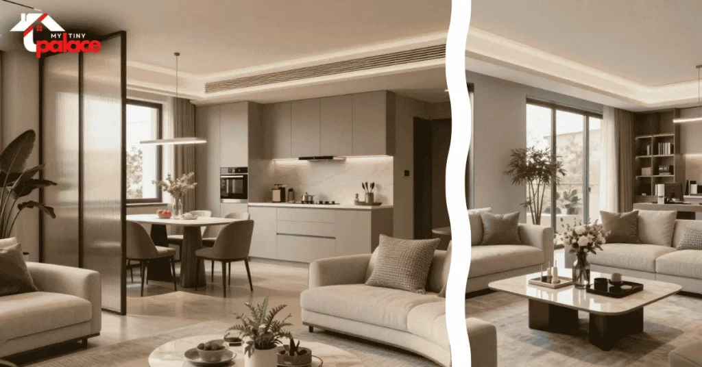 A multi-functional studio apartment featuring micro zoning interior design with a custom oak bookcase divider in the background and a close up of a polished brass floor transition strip in the foreground.