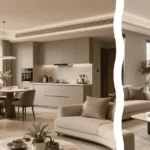 A multi-functional studio apartment featuring micro zoning interior design with a custom oak bookcase divider in the background and a close up of a polished brass floor transition strip in the foreground.