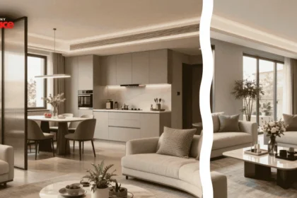 A multi-functional studio apartment featuring micro zoning interior design with a custom oak bookcase divider in the background and a close up of a polished brass floor transition strip in the foreground.