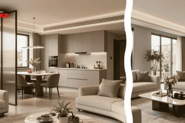 A multi-functional studio apartment featuring micro zoning interior design with a custom oak bookcase divider in the background and a close up of a polished brass floor transition strip in the foreground.