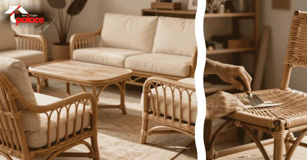 A sunlit patio area featuring an effort to reinforce rattan furniture with a sturdy wicker armchair in the background and a close up of a spool of matching natural cane binding in the foreground.