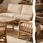 A sunlit patio area featuring an effort to reinforce rattan furniture with a sturdy wicker armchair in the background and a close up of a spool of matching natural cane binding in the foreground.