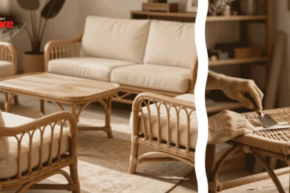 A sunlit patio area featuring an effort to reinforce rattan furniture with a sturdy wicker armchair in the background and a close up of a spool of matching natural cane binding in the foreground.