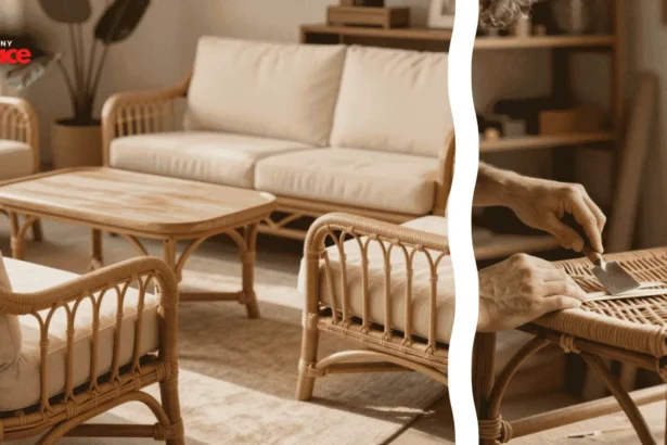 A sunlit patio area featuring an effort to reinforce rattan furniture with a sturdy wicker armchair in the background and a close up of a spool of matching natural cane binding in the foreground.