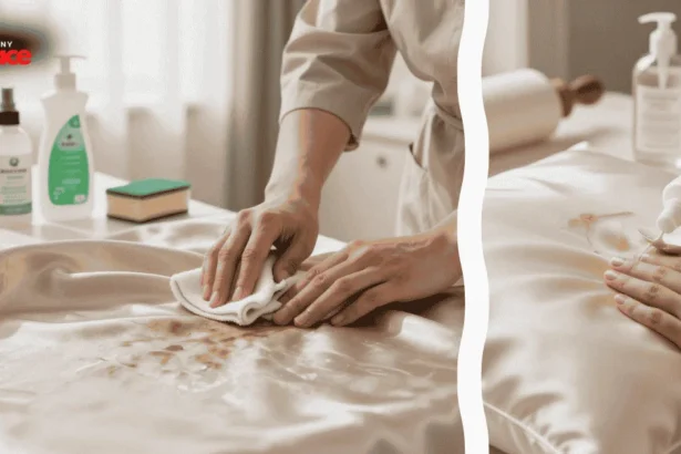A luxury bedroom interior featuring a successful project to remove stains from organic silk curtains with the pristine fabric in the background and a close up of a soft natural bristle brush in the foreground.