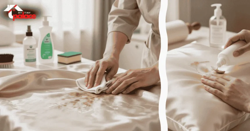 A luxury bedroom interior featuring a successful project to remove stains from organic silk curtains with the pristine fabric in the background and a close up of a soft natural bristle brush in the foreground.