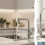 A designer kitchen featuring a professional effort to sanitize smart faucets with a gleaming matte black fixture in the background and a close-up of a microfiber cloth and specialized ph-neutral cleanser in the foreground.