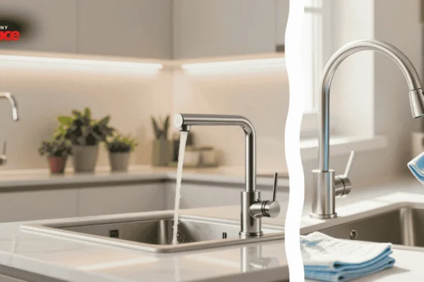 A designer kitchen featuring a professional effort to sanitize smart faucets with a gleaming matte black fixture in the background and a close-up of a microfiber cloth and specialized ph-neutral cleanser in the foreground.