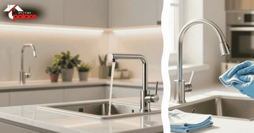 A designer kitchen featuring a professional effort to sanitize smart faucets with a gleaming matte black fixture in the background and a close-up of a microfiber cloth and specialized ph-neutral cleanser in the foreground.