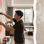 A luxurious open-concept dining room showcases the benefits of liquid wallpaper on a seamless accent wall in the background, while a close-up highlights a premium stainless steel finishing trowel resting on a sample of the textured, fiber-rich material in the foreground.