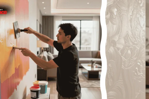 A luxurious open-concept dining room showcases the benefits of liquid wallpaper on a seamless accent wall in the background, while a close-up highlights a premium stainless steel finishing trowel resting on a sample of the textured, fiber-rich material in the foreground.