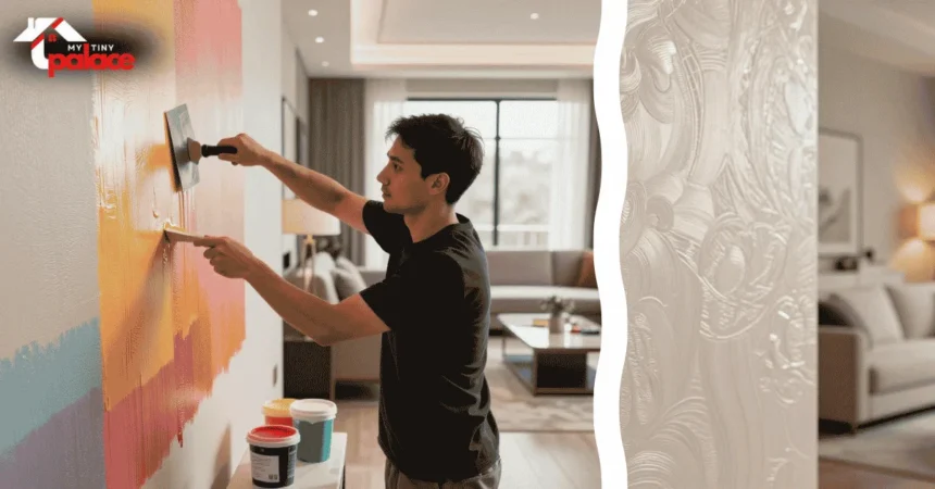 A luxurious open-concept dining room showcases the benefits of liquid wallpaper on a seamless accent wall in the background, while a close-up highlights a premium stainless steel finishing trowel resting on a sample of the textured, fiber-rich material in the foreground.