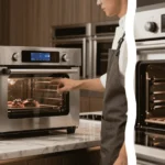 A close-up of a professional-grade digital thermocouple probe with a sleek, flush-mounted stainless steel wall unit that is ready to calibrate smart oven temperatures beautifully integrated into custom walnut cabinetry in the background.
