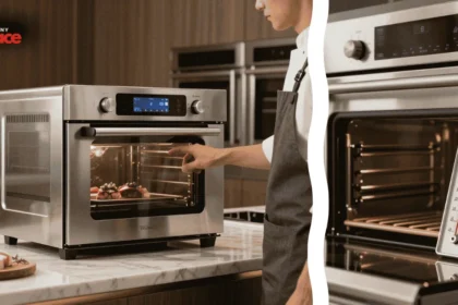 A close-up of a professional-grade digital thermocouple probe with a sleek, flush-mounted stainless steel wall unit that is ready to calibrate smart oven temperatures beautifully integrated into custom walnut cabinetry in the background.