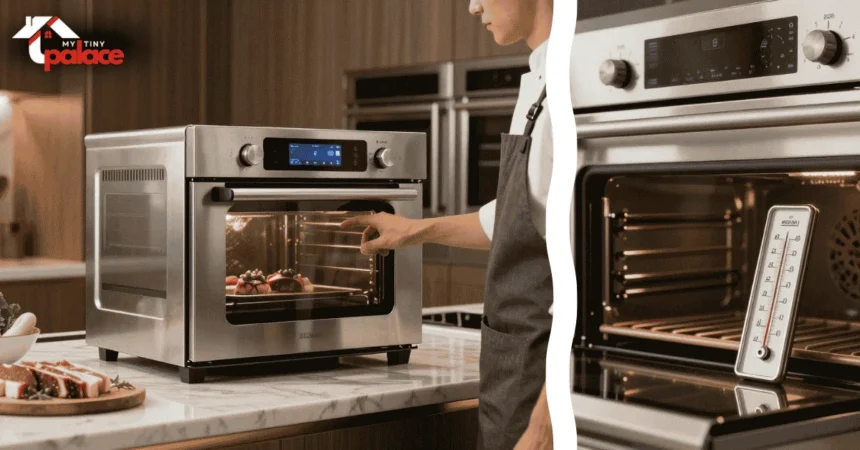 A close-up of a professional-grade digital thermocouple probe with a sleek, flush-mounted stainless steel wall unit that is ready to calibrate smart oven temperatures beautifully integrated into custom walnut cabinetry in the background.
