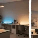 A modern basement living area features integrated circadian lighting for dark rooms illuminating a sleek contemporary layout in the background, while a close-up focuses on a brushed brass smart dimmer switch plate flush against a textured plaster wall in the foreground.