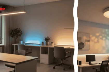A modern basement living area features integrated circadian lighting for dark rooms illuminating a sleek contemporary layout in the background, while a close-up focuses on a brushed brass smart dimmer switch plate flush against a textured plaster wall in the foreground.