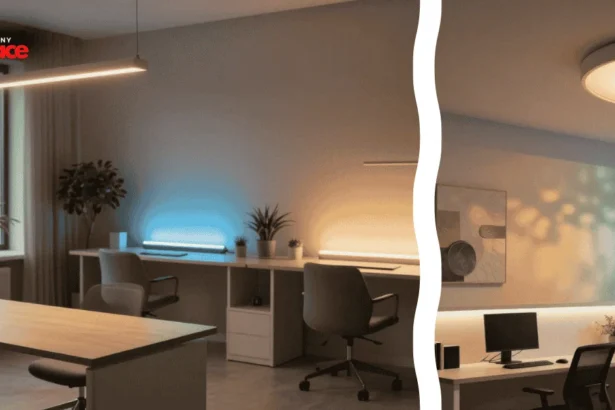 A modern basement living area features integrated circadian lighting for dark rooms illuminating a sleek contemporary layout in the background, while a close-up focuses on a brushed brass smart dimmer switch plate flush against a textured plaster wall in the foreground.