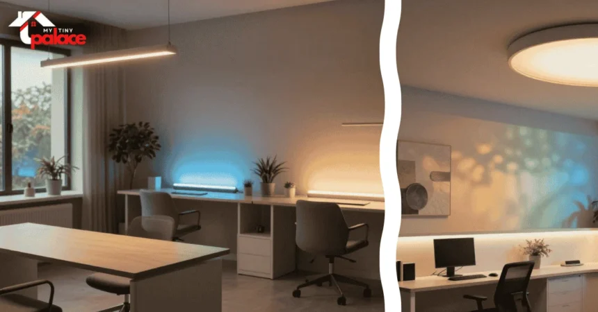 A modern basement living area features integrated circadian lighting for dark rooms illuminating a sleek contemporary layout in the background, while a close-up focuses on a brushed brass smart dimmer switch plate flush against a textured plaster wall in the foreground.
