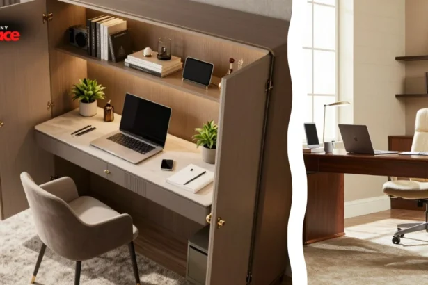 A polished brass door hinge in sharp focus with a sleek monitor, integrated cable management track, and a minimalist keyboard inside a newly completed convert armoire to tech center project blurred in the background.
