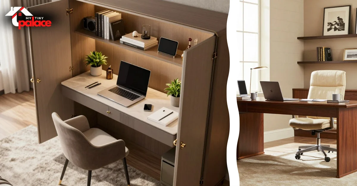 A polished brass door hinge in sharp focus with a sleek monitor, integrated cable management track, and a minimalist keyboard inside a newly completed convert armoire to tech center project blurred in the background.
