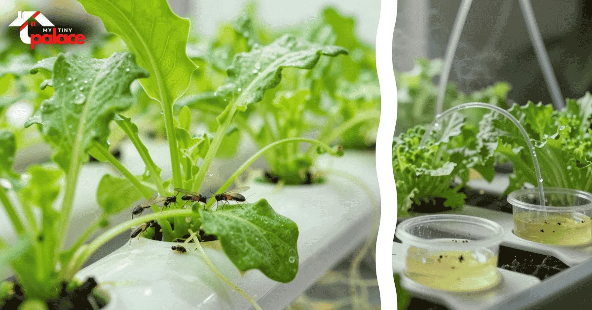 A close-up of a heavy-duty food-grade silicone basin seal with a thriving, pest-free basil canopy free of fungus gnats in hydroponics trays blurred in the background.