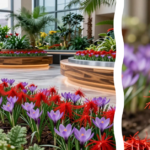 A close-up of a premium brass harvesting tweezer resting on the edge of a minimalist terracotta planter, with a blooming purple Crocus sativus flower showcasing its vibrant red stigmas as part of a successful project to grow saffron indoors in a well-lit living area.