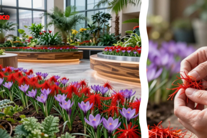 A close-up of a premium brass harvesting tweezer resting on the edge of a minimalist terracotta planter, with a blooming purple Crocus sativus flower showcasing its vibrant red stigmas as part of a successful project to grow saffron indoors in a well-lit living area.