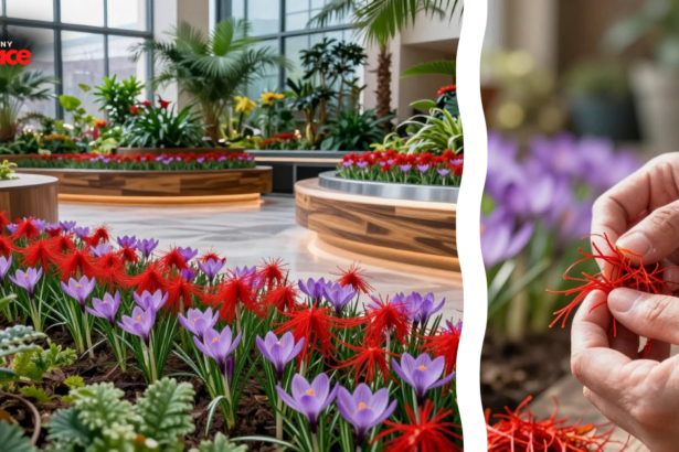A close-up of a premium brass harvesting tweezer resting on the edge of a minimalist terracotta planter, with a blooming purple Crocus sativus flower showcasing its vibrant red stigmas as part of a successful project to grow saffron indoors in a well-lit living area.