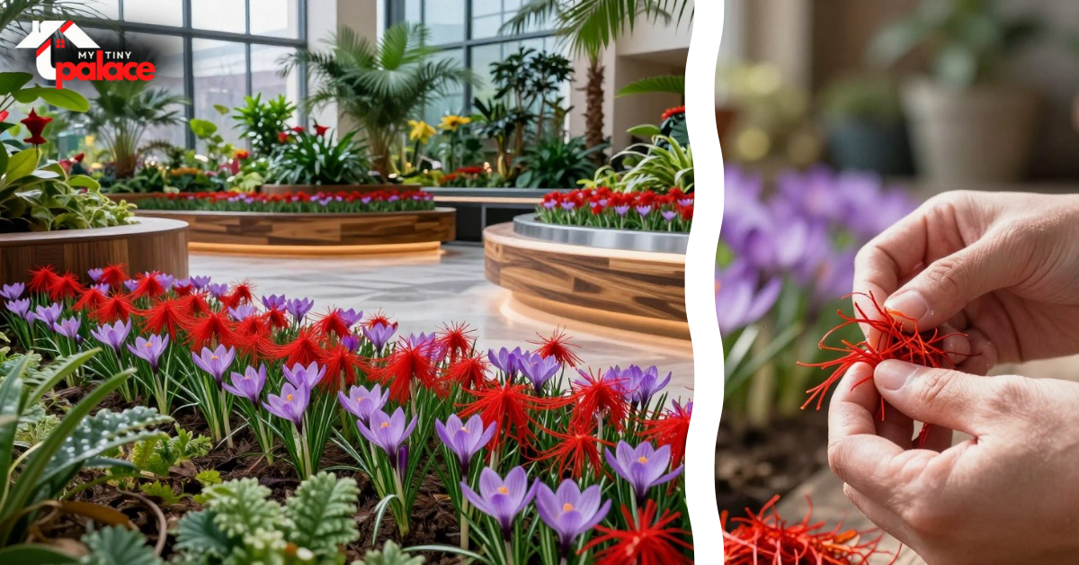 A close-up of a premium brass harvesting tweezer resting on the edge of a minimalist terracotta planter, with a blooming purple Crocus sativus flower showcasing its vibrant red stigmas as part of a successful project to grow saffron indoors in a well-lit living area.