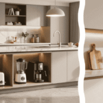 A close-up of a heavy-duty brushed brass pocket door hinge in the foreground, with a seamlessly integrated kitchen beverage station utilizing hidden appliance storage ideas built into the floor-to-ceiling walnut cabinetry in the background.
