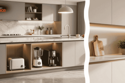 A close-up of a heavy-duty brushed brass pocket door hinge in the foreground, with a seamlessly integrated kitchen beverage station utilizing hidden appliance storage ideas built into the floor-to-ceiling walnut cabinetry in the background.