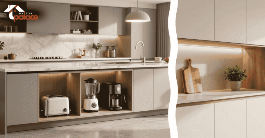 A close-up of a heavy-duty brushed brass pocket door hinge in the foreground, with a seamlessly integrated kitchen beverage station utilizing hidden appliance storage ideas built into the floor-to-ceiling walnut cabinetry in the background.