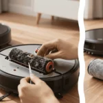 A beautifully staged industrial loft with gleaming concrete floors sits in the background while a close up displays a stainless steel detailing hook performing robot vacuum brush roll maintenance in the foreground.